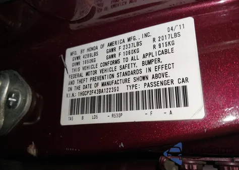 2011 Honda Accord 2.4 Lx-P from USA, damaged, VIN 1HGCP2F43BA122350